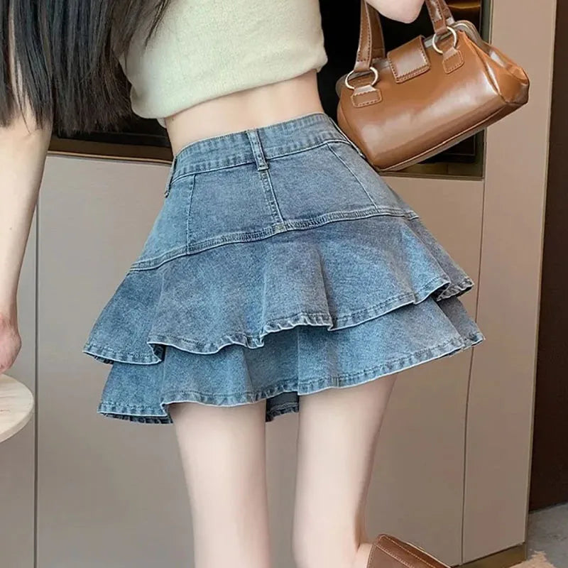 Korean Fashion Women Denim Short Skirts Summer 2025 Streetwear All Match Ruffles Mini Skirt Stretch Jean High Waist Cake Skirt