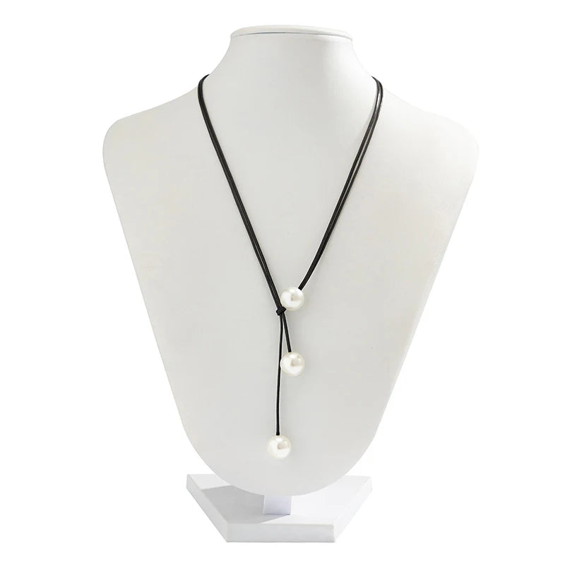 Vintage Fashion Rope Chain Necklace Women Fashion Statement Handmade Imitation Pearl Pendant Adjustable Neck Jewelry Gift