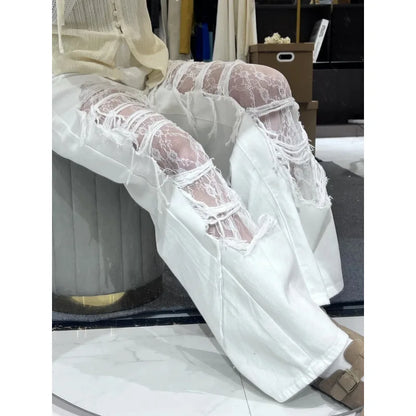 Washed Ripped Lace Denim Jeans for Women, Street Straight-leg Loose Wide-leg American Style Long Pants