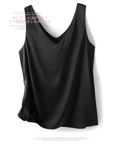 Woman T-shirts Elegant SILK Satin Blouse Sleeveless Female Summer 2023 Casual Loose Tanks and Camis Solid Green Tops for Women