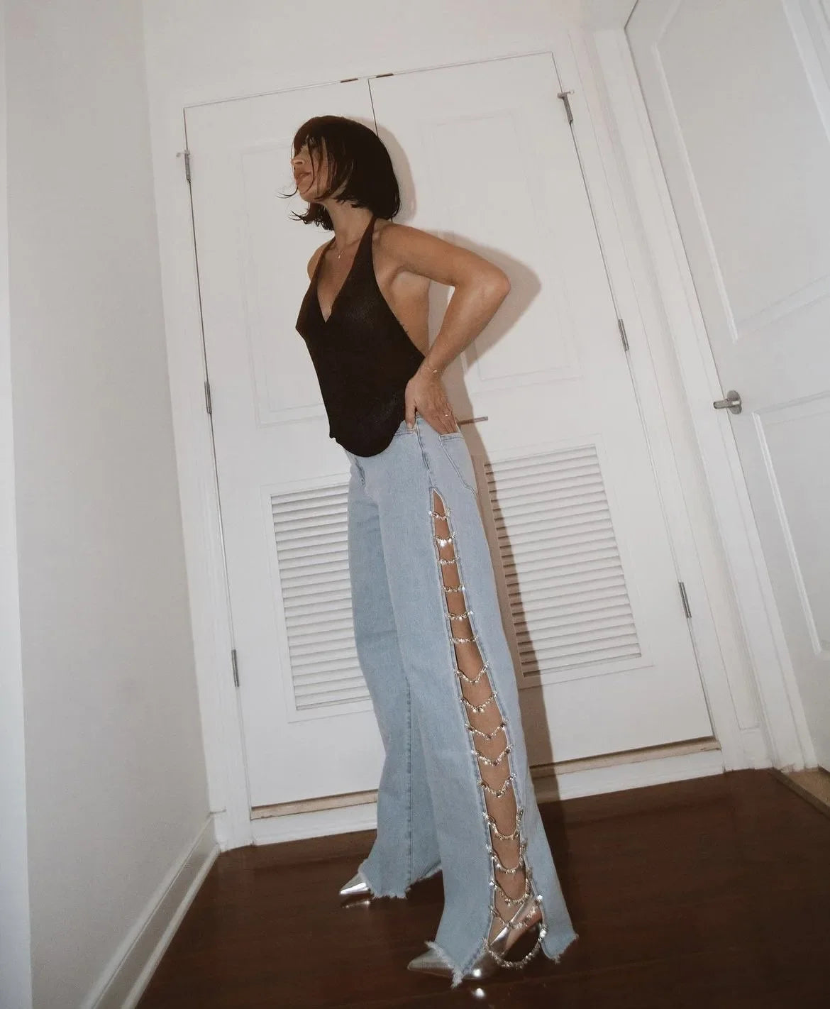 Women Denim Long Jeans with Drill Chains Straight Wide-leg Jeans High Waist Ripped Jeans for Women Summer Thin Side Slit Pants