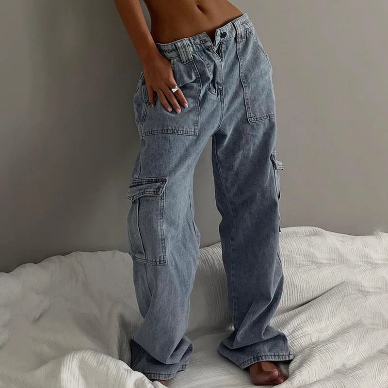 Women's Vintage Washed Loose Straight Low-Rise Elastic Waist Patchwork Cargo Jeans with Cuffed Pockets Trendy Streetwear Casual