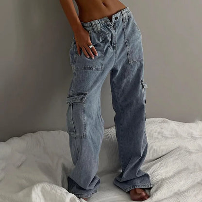 Women's Vintage Washed Loose Straight Low-Rise Elastic Waist Patchwork Cargo Jeans with Cuffed Pockets Trendy Streetwear Casual