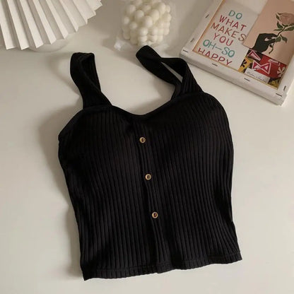 Women's Ribbed Tank Tops Y2K Cropped Tops with Bra Pads Knitted Button Down Suspenders Vest Sexy Camisole Female Short Tops