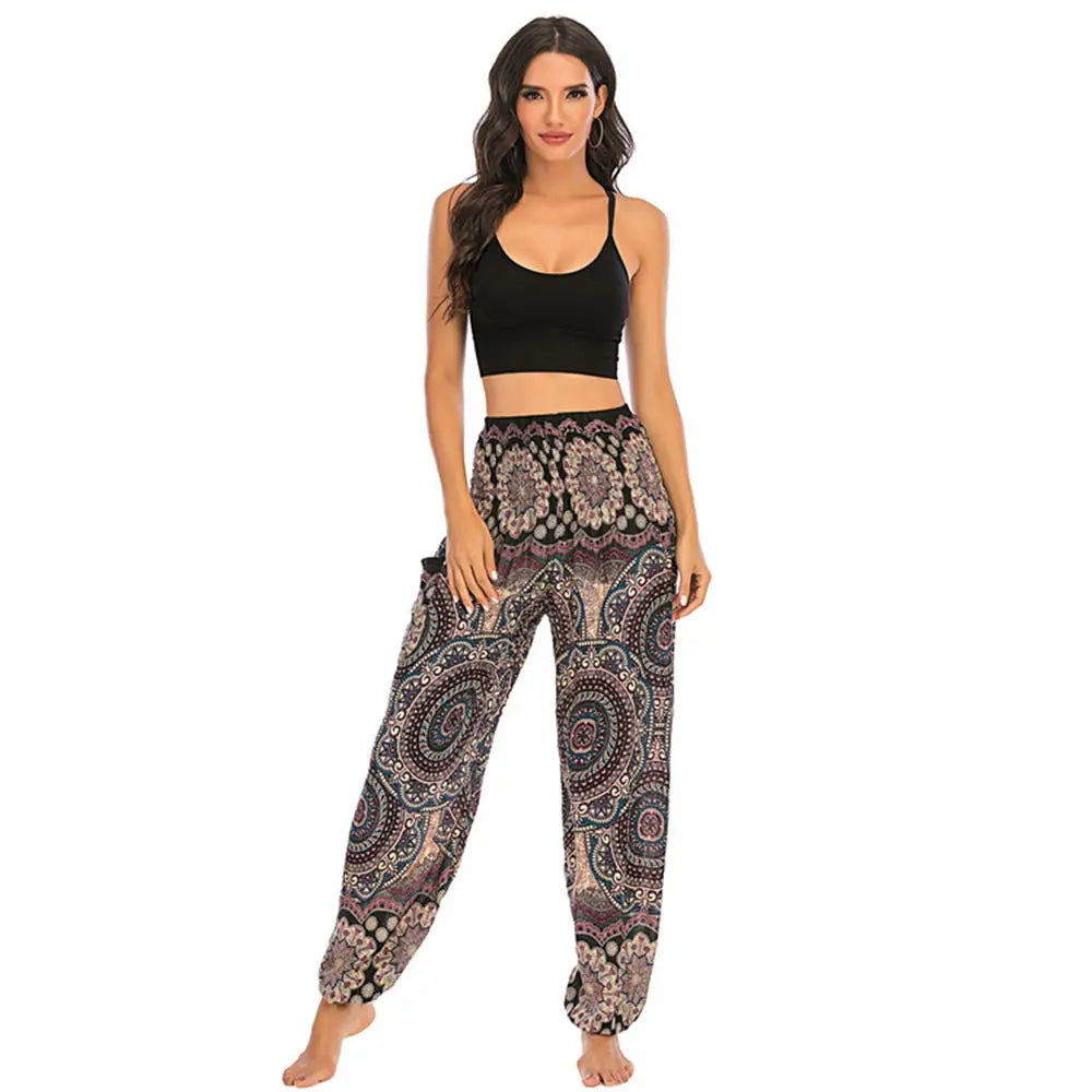 Women's Yoga Pants Printed Ethnic Style Loose Yoga Trousers Bloomers High Waist Fitness Sports Crotch Dance Palazzo Sweatpants