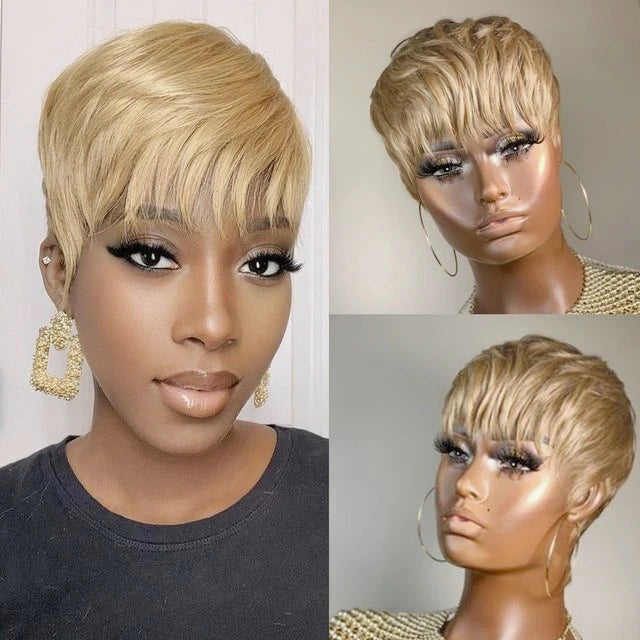 WIGERA  Highlight Synthetic Wigs Short Straight  Pixie Cut Hair Bob Wig Honey Gold Mix Black  Hair For Woman