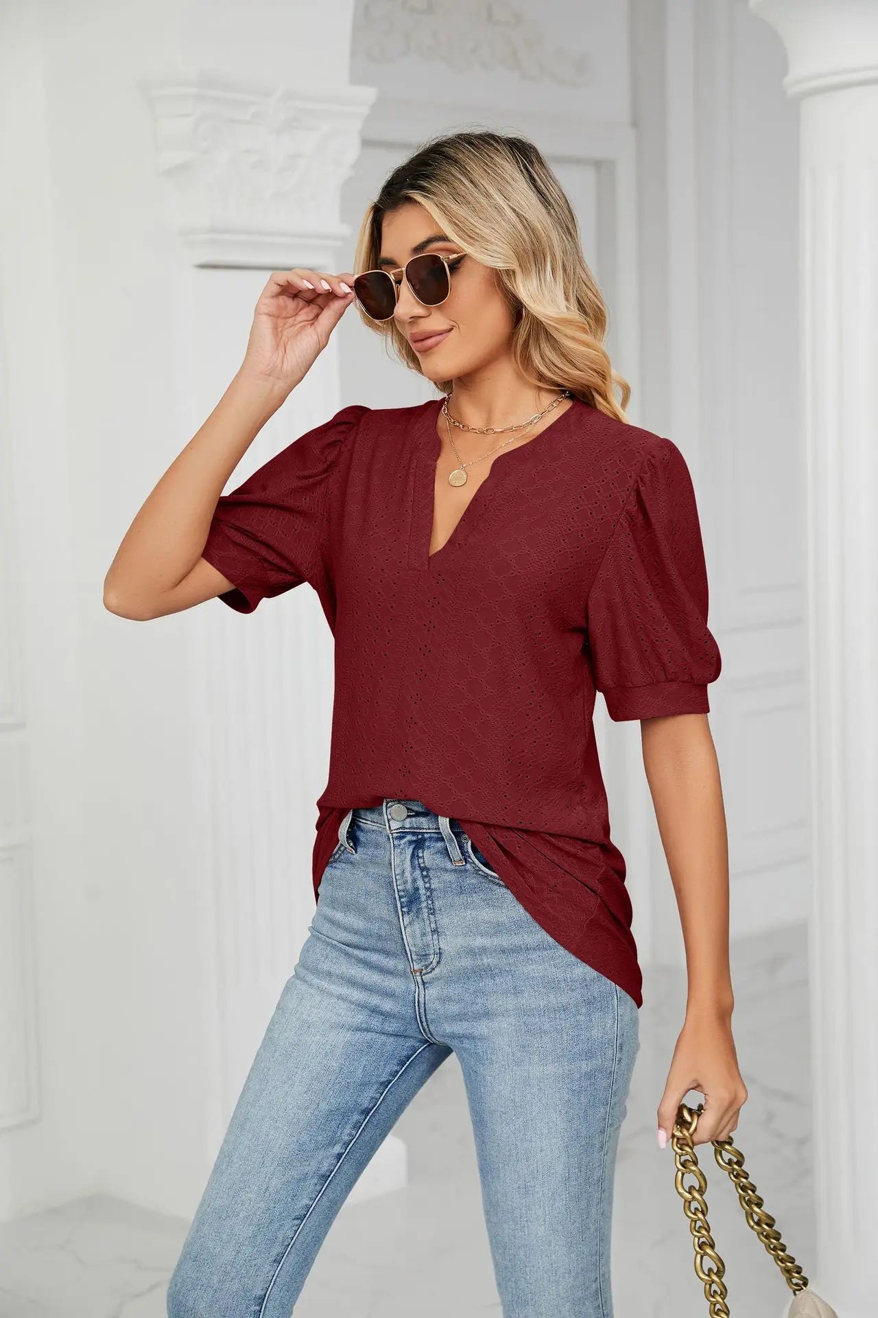 Womens Tops V Neck Ruffle Sleeve Blouses Short Sleeve Casual Tops T-Shirts for Women Autumn Winter