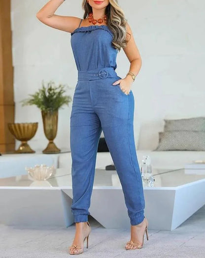Tow Piceses Outfits for Women Summer Fashion Office Lady New Frill Hem Cami Top & Female Casual Pocket Design Pants Set