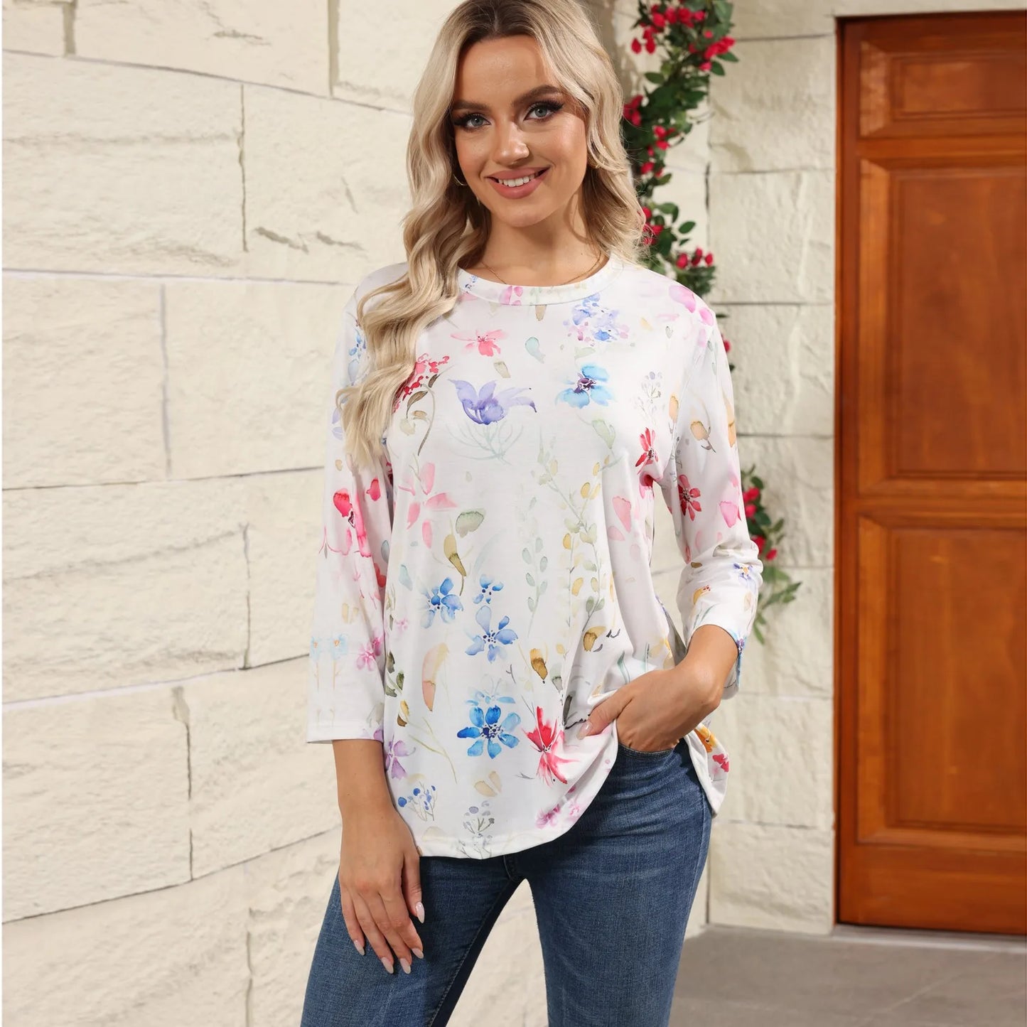 2024 Women Summer Tops Comfortable T Shirt Fashion Flower Print Round Neck 3/4 Sleeve Tops Soft Versatile Pullover Ropa De Mujer
