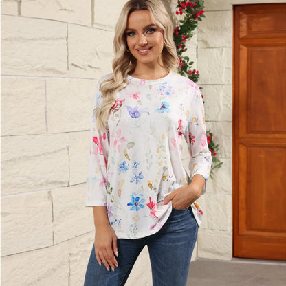 2024 Women Summer Tops Comfortable T Shirt Fashion Flower Print Round Neck 3/4 Sleeve Tops Soft Versatile Pullover Ropa De Mujer