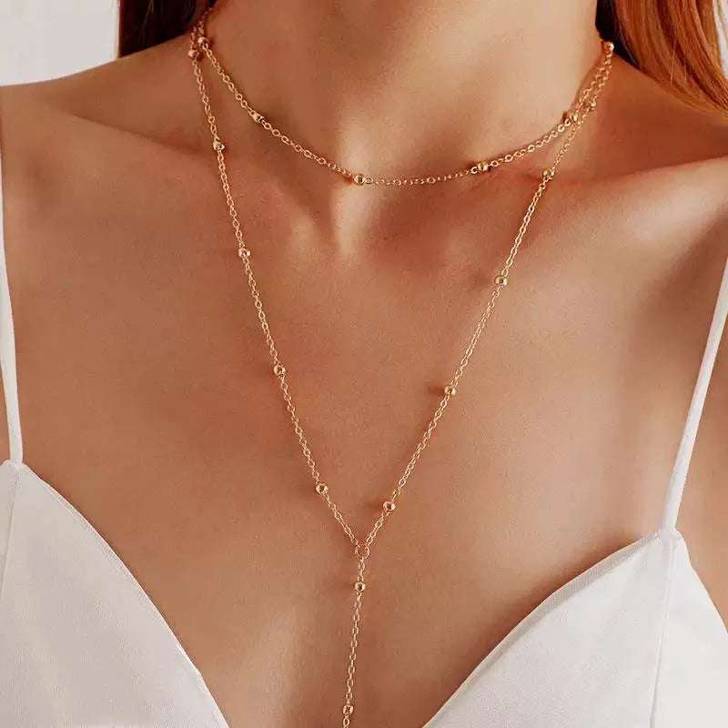 Y-Shaped Round Bead Necklaces for Women Simple Metal Double Laryered Long Chain Drop Pendant Choker Necklaces Fashion Gifts