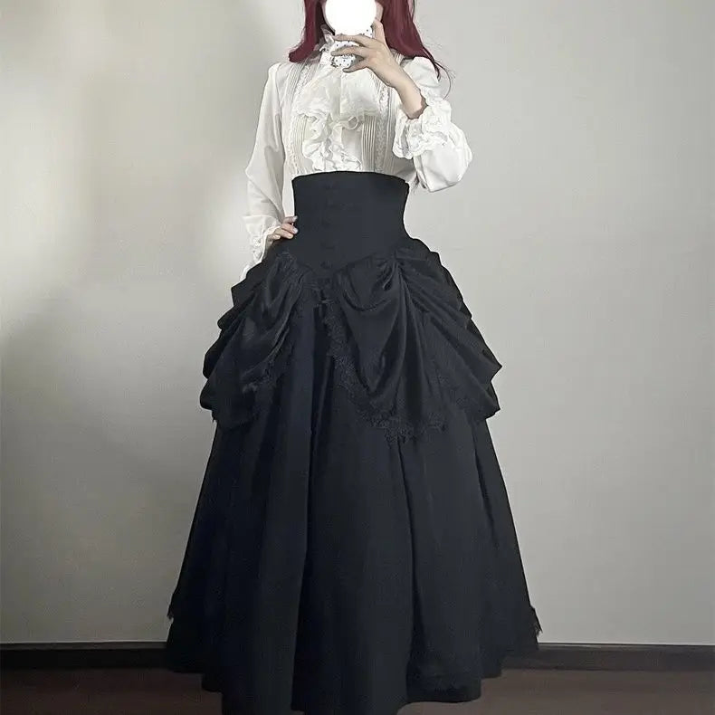 Japanese Skirts for Women 2025 Faldas Mujer De Moda High Waist A-line Jupe Lolita Style Patchwork Lace Vintage Long Skirt 49C903