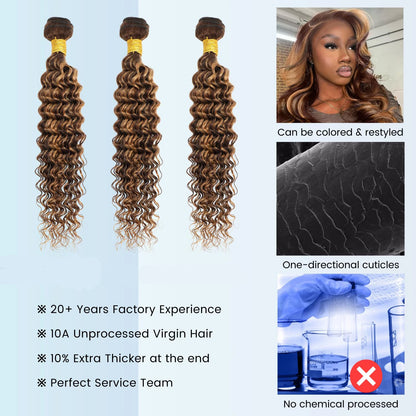 4/27 Bundles Brazilian Hair Bundles Highlight Honey Blonde Human Hair Bundle Weave Double Weft Deep Wave Virgin Hair Weaves