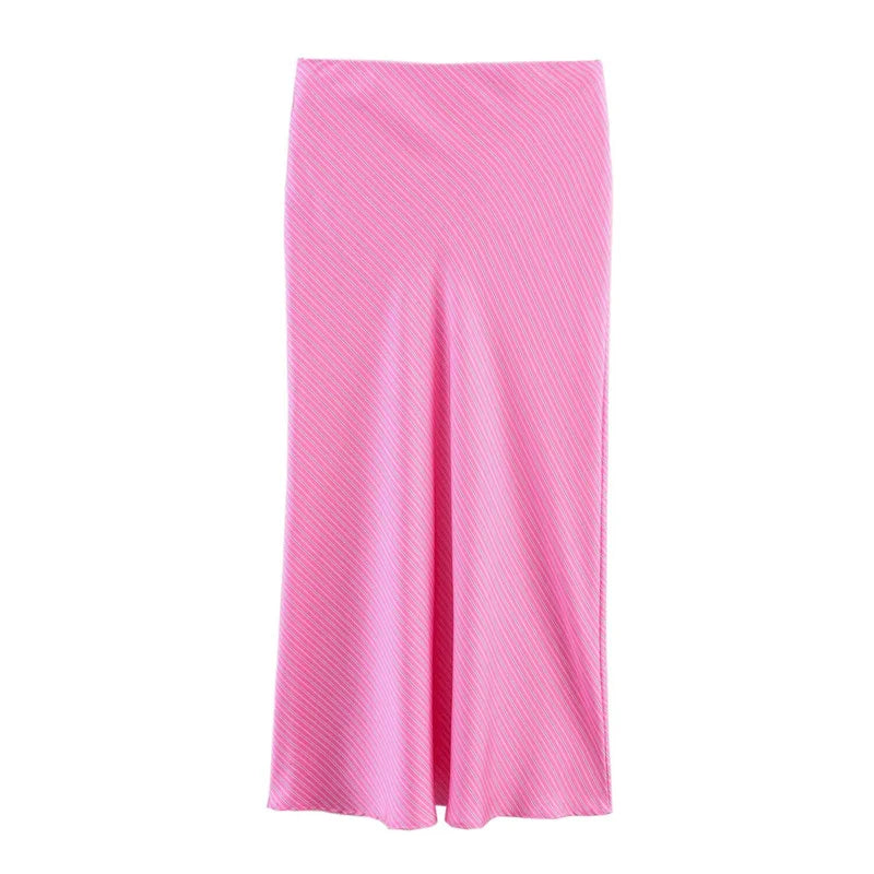 Women's Skirt New Summer 2025 Pink Striped Silk Satin Midi Skirt Fashionable and versatile Elegant personality