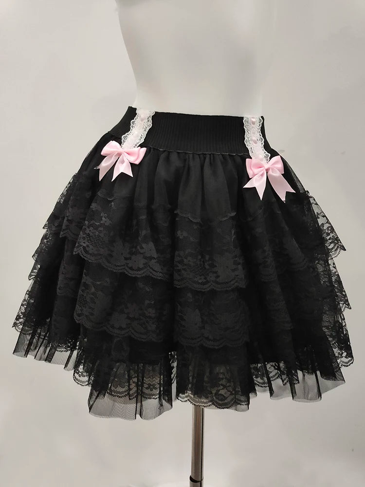 Pink Skirts for Sweet Girls Summer Bows Decoration Elastic Waist Lolita Style Multilayered Lace Skirt Kawaii Clothes