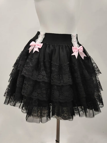 Pink Skirts for Sweet Girls Summer Bows Decoration Elastic Waist Lolita Style Multilayered Lace Skirt Kawaii Clothes