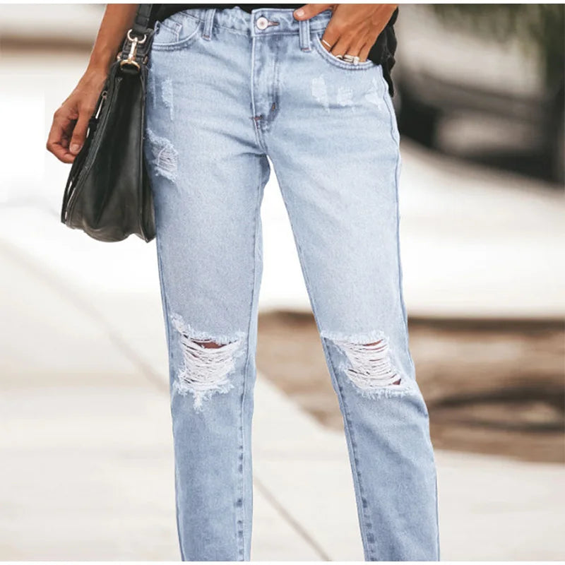 Women‘s Fashion Straight Jeans Casual High Waisted Washed Skinny Trousers Ripped Slim Pants For Lady Commuter 2025 Fashion Trend