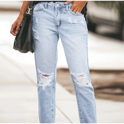 Women‘s Fashion Straight Jeans Casual High Waisted Washed Skinny Trousers Ripped Slim Pants For Lady Commuter 2025 Fashion Trend