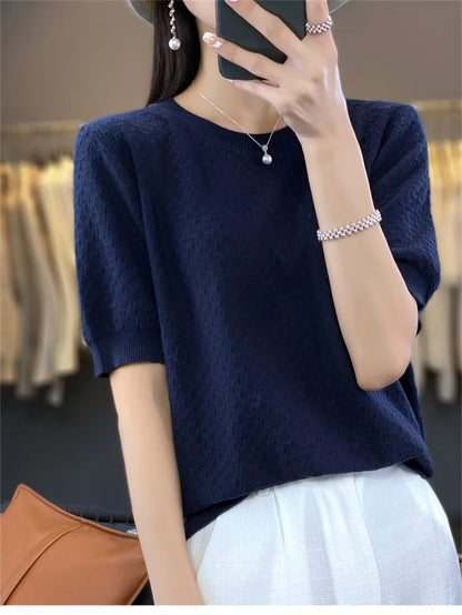 Women's T-shirt Summer 100% Cotton Sweater Short Sleeve Solid Color Round Neck Ladies Tops Loose Blouse Basic Pullover Tees