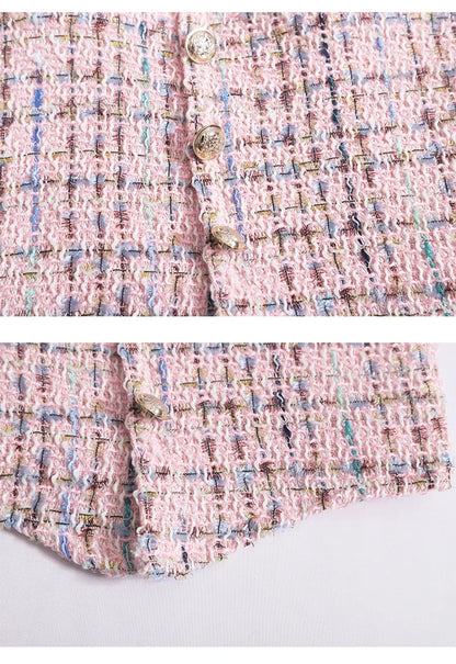 Women Summer Tweed Chain Chic Tank Tops Buttons Off Shoulder with Bra Pad Crop Tops Pleated Sexy Backless Sleeveless Sweet Camis