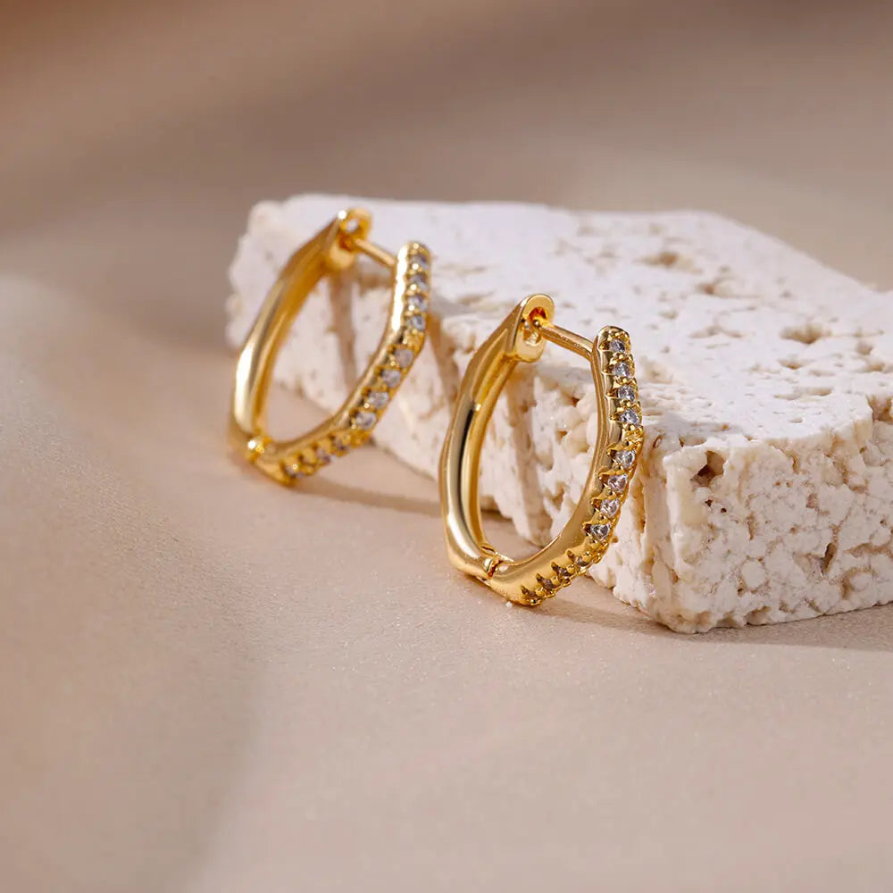 Heart Stainless Steel Earrings for Women Zircon Gold Color Hoop Earring Aesthetic Waterproof Ear Piercing Jewelry Accessories