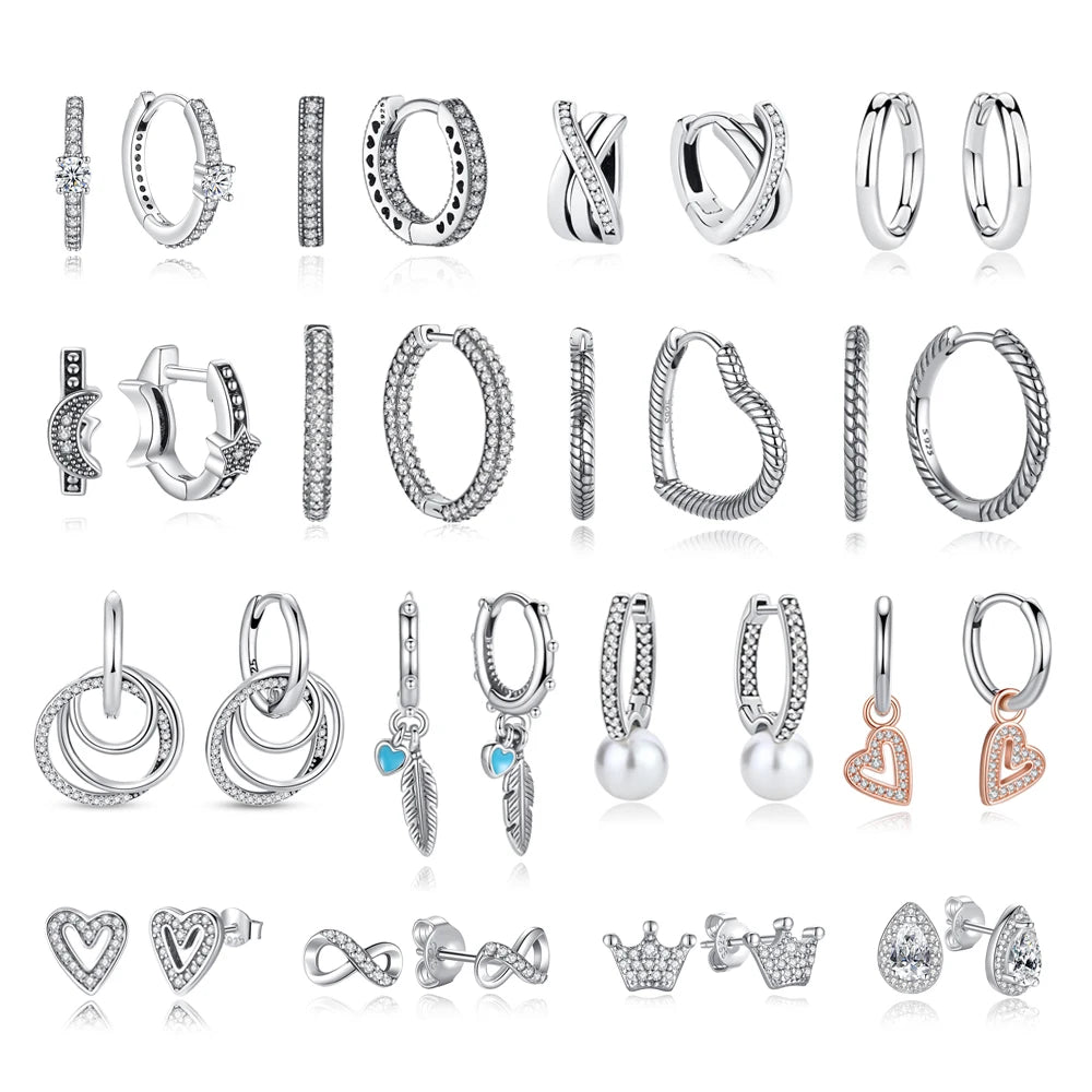 Original 925 Sterling Silver Earrings 2025 Stud Hoop Crystal Earings For Women Rose Gold Crown Heart Infinity Bee Earing Jewelry