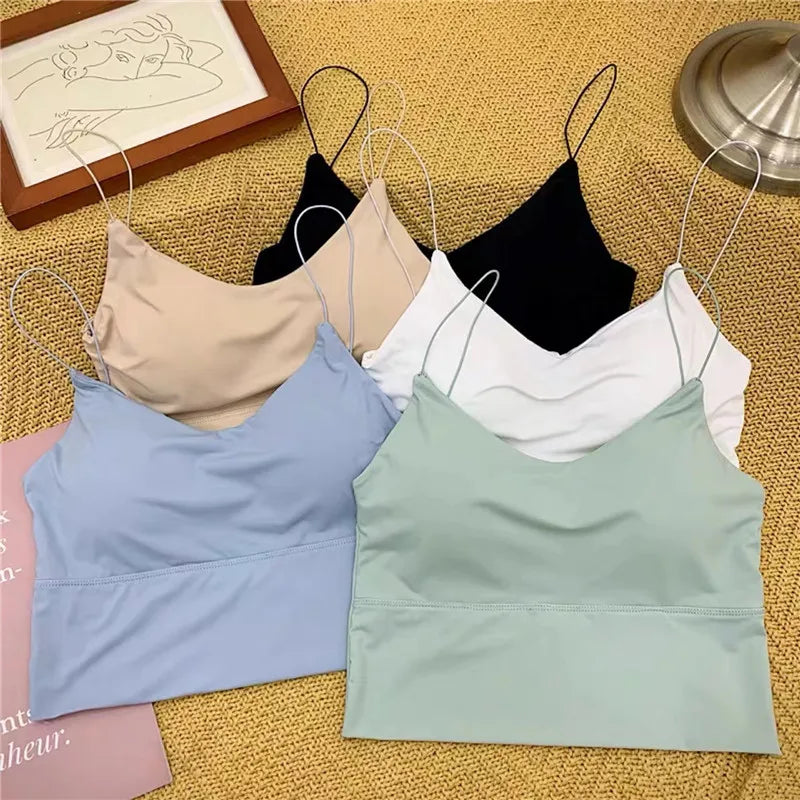 Sexy Women Crop Tops Ice Silk Summer Bra Sports Spaghetti Strap Vest Top Women Built In Bra Off Shoulder Sleeveless Camisole