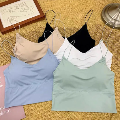 Sexy Women Crop Tops Ice Silk Summer Bra Sports Spaghetti Strap Vest Top Women Built In Bra Off Shoulder Sleeveless Camisole