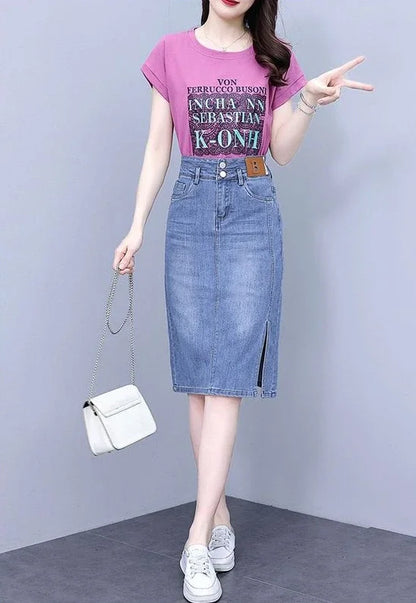 Jeans Skirts for Women Woman Denim Skirt High Waist Midi Maxi Long with Pocket Slit Chubby Modest Quality Luxury Elegant Stylish