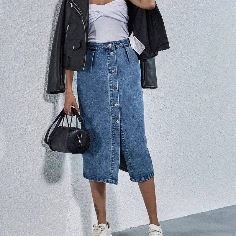Women Streetwear Casual Pocket High Waist Straight Jean Skirts New Single Breasted Knee All-match Length Denim Skirt Female