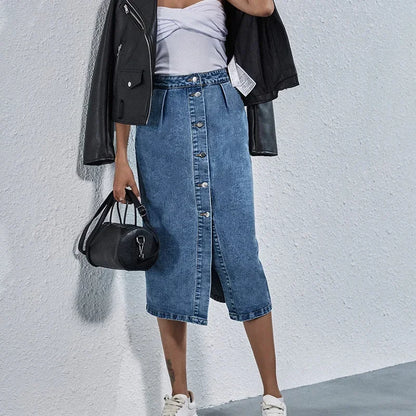 Women Streetwear Casual Pocket High Waist Straight Jean Skirts New Single Breasted Knee All-match Length Denim Skirt Female