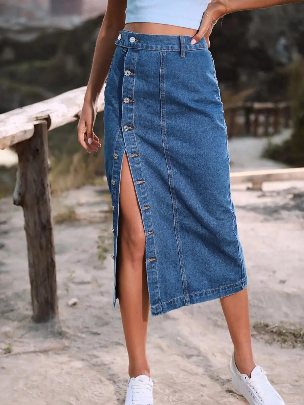 Women's Maxi Pencil Jean Skirt High Waisted A-Line Long Denim Skirts Ins Button Down Side Split Hem Stretch Blue Jean Skirt
