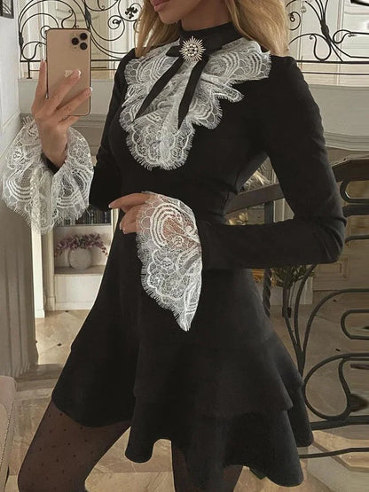 2025 Women's Dresses Fashion Elegant Sexy Long Sleeve Lace Bell Sleeve Ruffle Dress OL Classic Romantic Patchwork Mini Dress