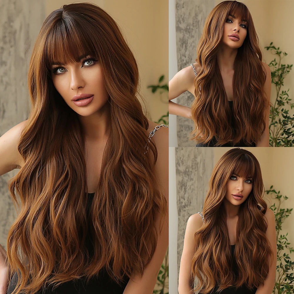 HENRY MARGU Burgundy Long Wavy Wigs Wine Red Wig with Bangs for Women Daily Synthetic Hair Cosplay Wig Heat Resistant Fiber