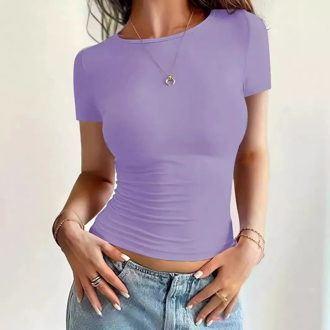 Summer Women's Tops Causal Basic T-Shirts Scoop Neck Short Sleeved Crop Tops Cute Slim Fit Tees Pullovers Clothing Y2K 2025 New