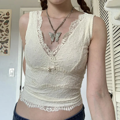 Women Tank Tops with Lace Y2k Cutecore Bow V Neck Skinny Fit Navel Solid Color 2000s Vintage Clothing