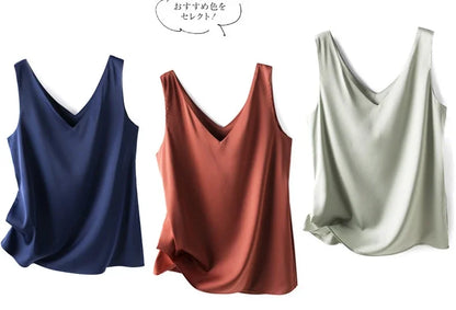 Woman T-shirts Elegant SILK Satin Blouse Sleeveless Female Summer 2023 Casual Loose Tanks and Camis Solid Green Tops for Women