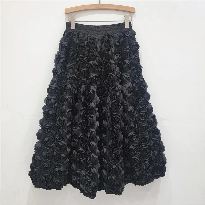 Skirt for Women 2025 Summer Versatile Three Dimensional Flower Mid-calf Skirt High Waist Big Swing Fashion A-line Long Skirts