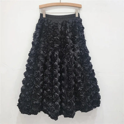 Skirt for Women 2025 Summer Versatile Three Dimensional Flower Mid-calf Skirt High Waist Big Swing Fashion A-line Long Skirts