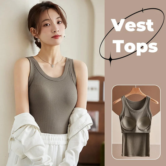 Women's Vest Tops With Built In Bra Neck Vest Padded Slim Fit Tank Tops Sexy Shirts Feminino Casual Underlay Shirt Slimming