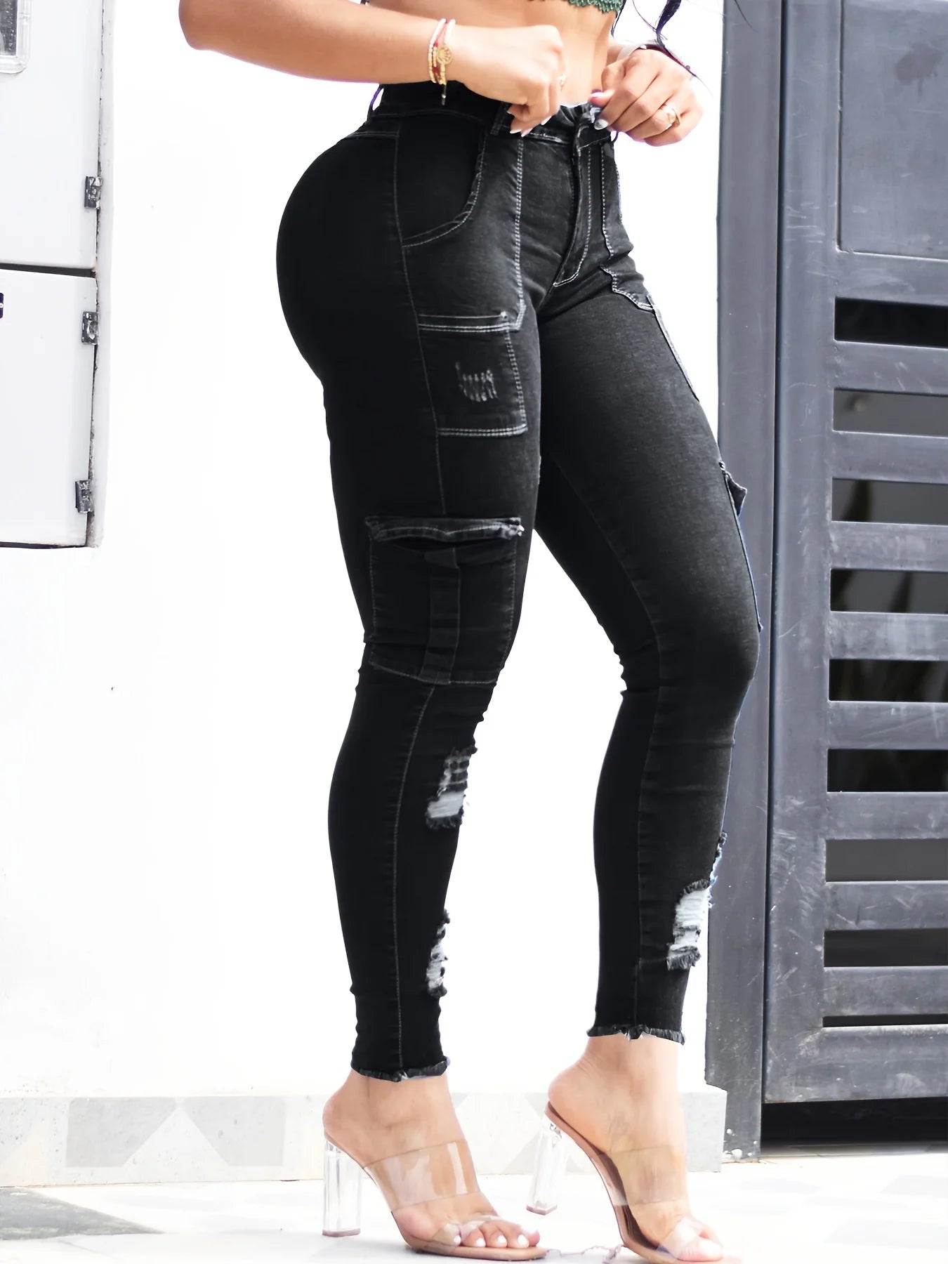 Women's Blue Elastic Jeans With Waist And Hip Lift Tight Little Fee Hairy Edges Sexy Overalls Multi-pocket Pants Lipstick Print