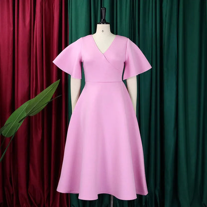 Dress Women Sexy Dresses White Round Neck Flare Sleeve Party Sheath Pleated High Waist Work Elegant Bodycon Mid Length Vestidos