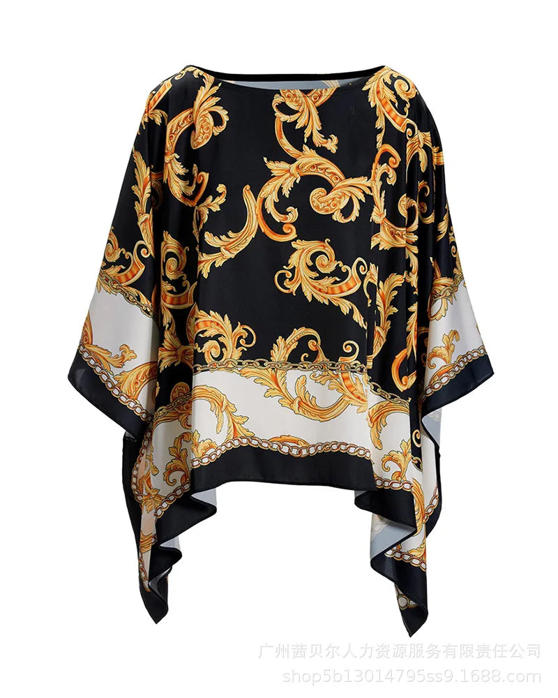 Tops Women Print Round Neck Bat Full Sleeve Top Loose Casual Regular Splice Tees Office Ladies Elegant T Shirts Spring 2024