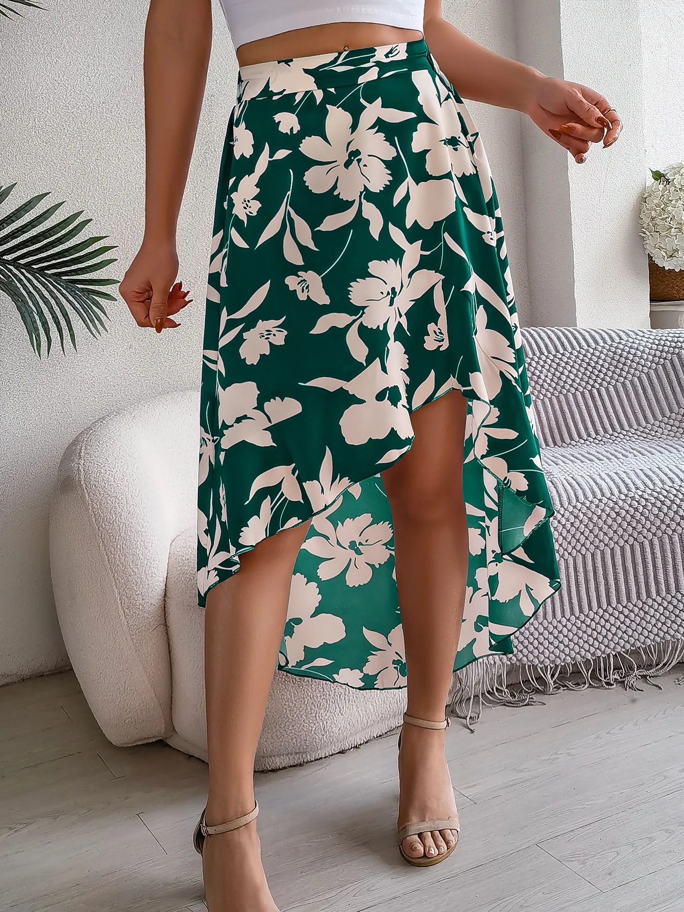 Spring Summer Skirts for Women Casual Floral Print Asymmetric Ruffle Edge Skirt