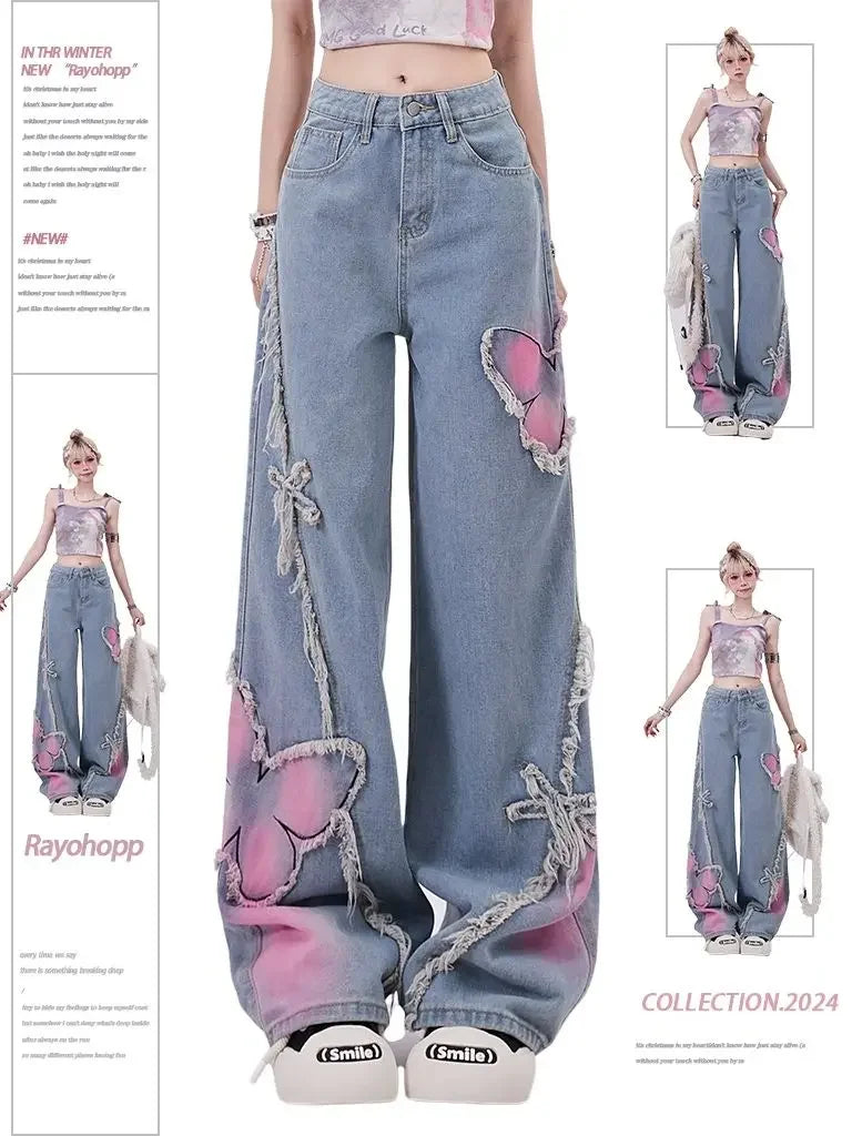 Denim Pants for Women Butterfly Gyaru Womens Jeans Embroidered 90s Loosefit 2025 Fashion Trousers Pant Cool Stretched Wide Leg Z