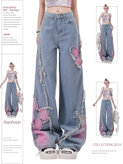Denim Pants for Women Butterfly Gyaru Womens Jeans Embroidered 90s Loosefit 2025 Fashion Trousers Pant Cool Stretched Wide Leg Z