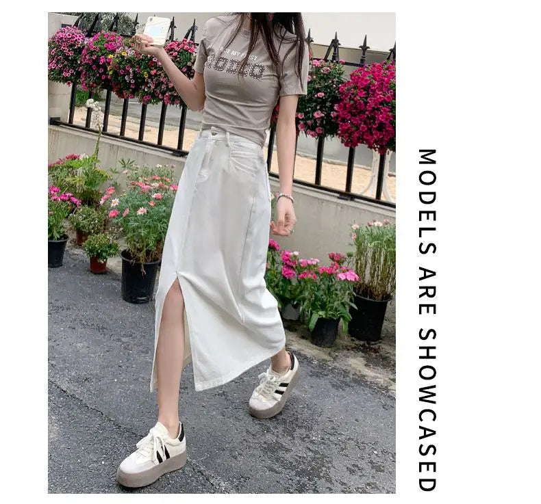 Casual High Quality Maxi Denim Skirts for Women Summer 2025 Fashion White Jeans Dress Long Y2k Medium-length A- Line Skirt Denim