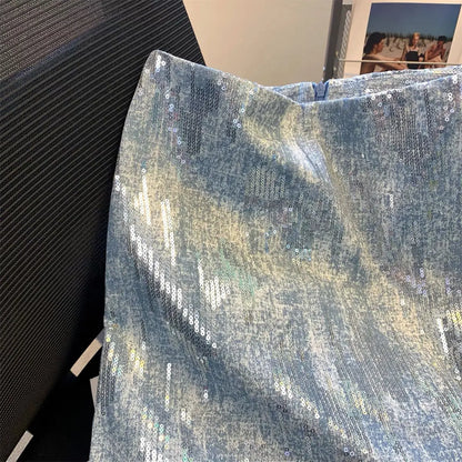 Blue Sequin Denim Skirt Jupe Femme Short Skirts for Women Korean Fashion Faldas Mujer Moda Spring Summer Y2k 2025 Casual High