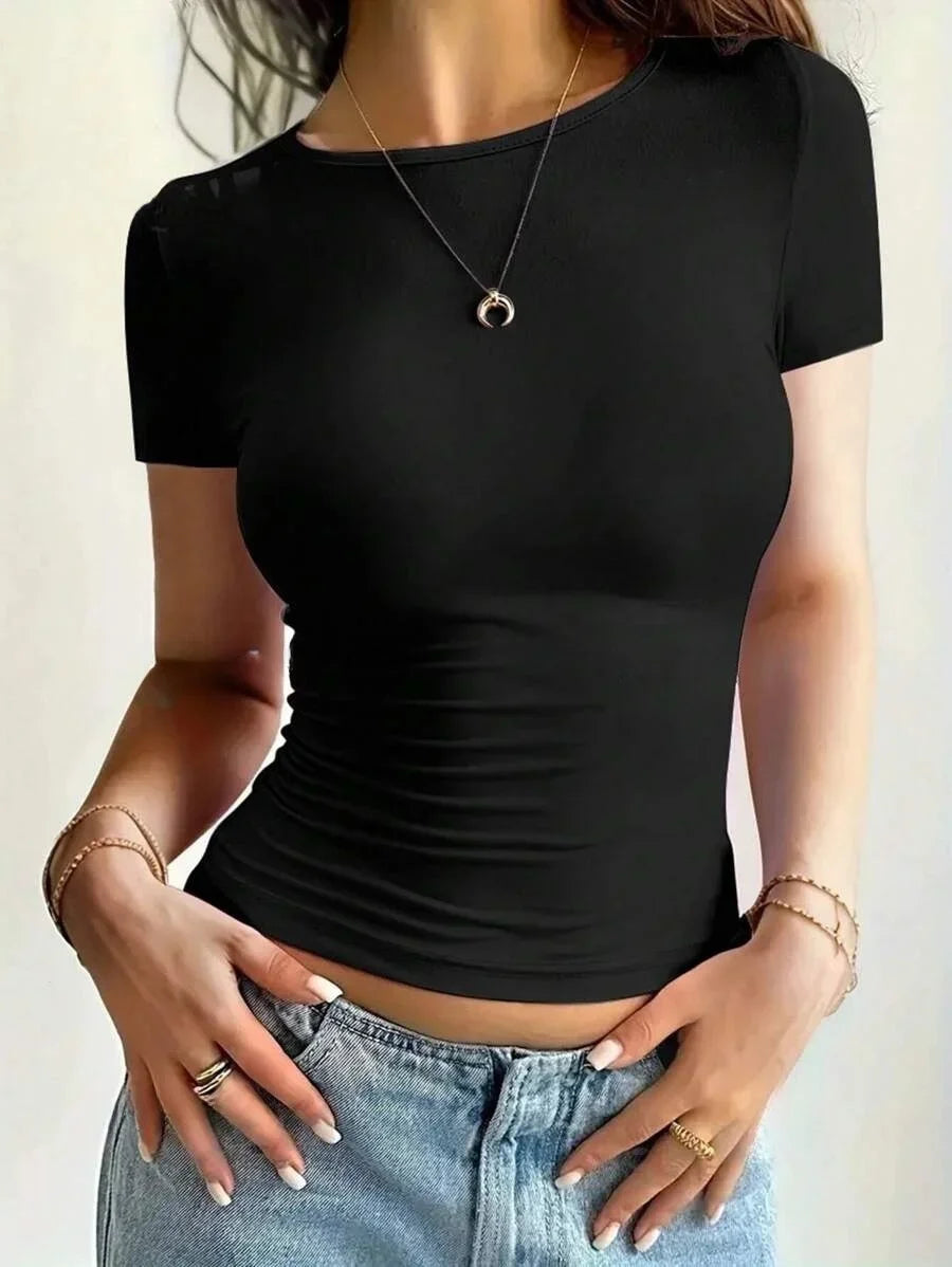 Summer Women's Tops Causal Basic T-Shirts Scoop Neck Short Sleeved Crop Tops Cute Slim Fit Tees Pullovers Clothing Y2K 2025 New