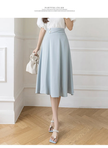 Women's Skirts High Waist Sweet Girl's Mid-calf Skirt Solid Skirts for Women Vintage Long Fashion 2023 Kawaii Summer Women Skirt